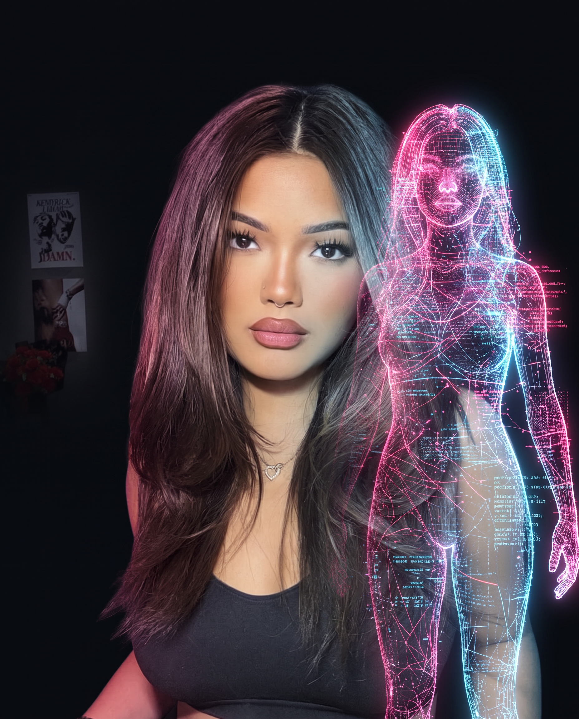 A young woman beside her glowing pink and blue holographic AI twin