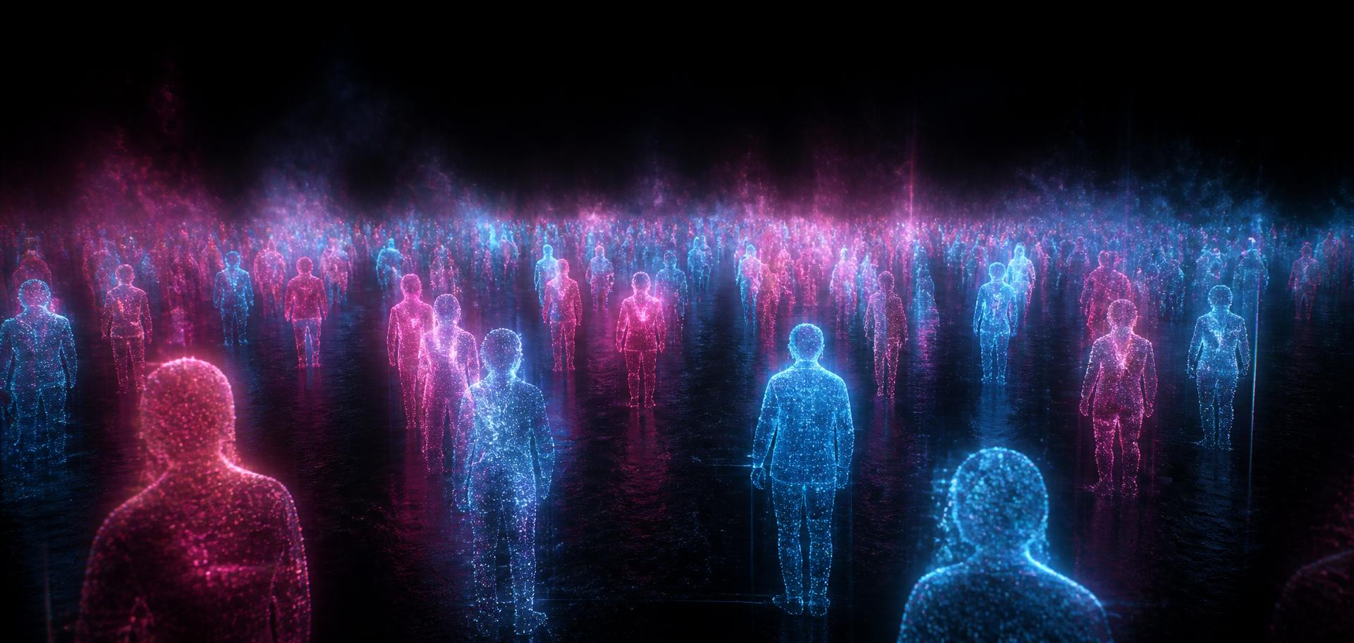 A crowd of glowing holographic digital twins in pink and blue light
