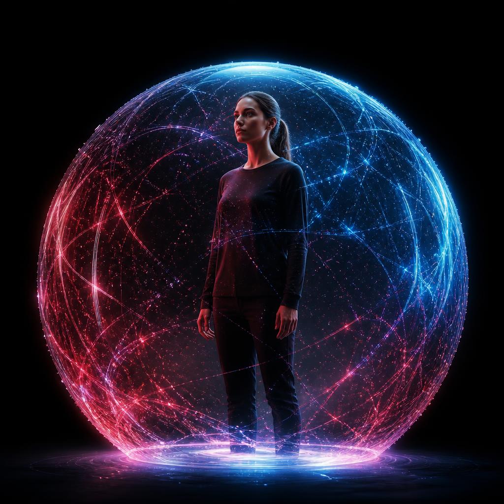 A person standing inside a glowing protective sphere of pink and blue light